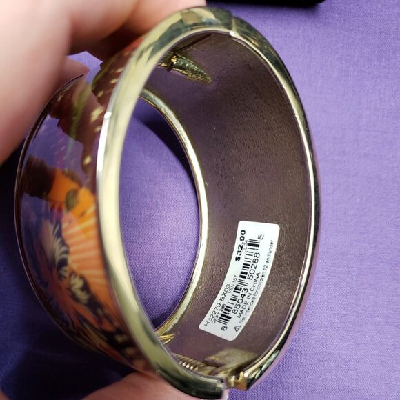 Chunky Wide Boho Fall Colored Leaves Patten Clamper Bangle Bracelet Gold Tone - Picture 5 of 14